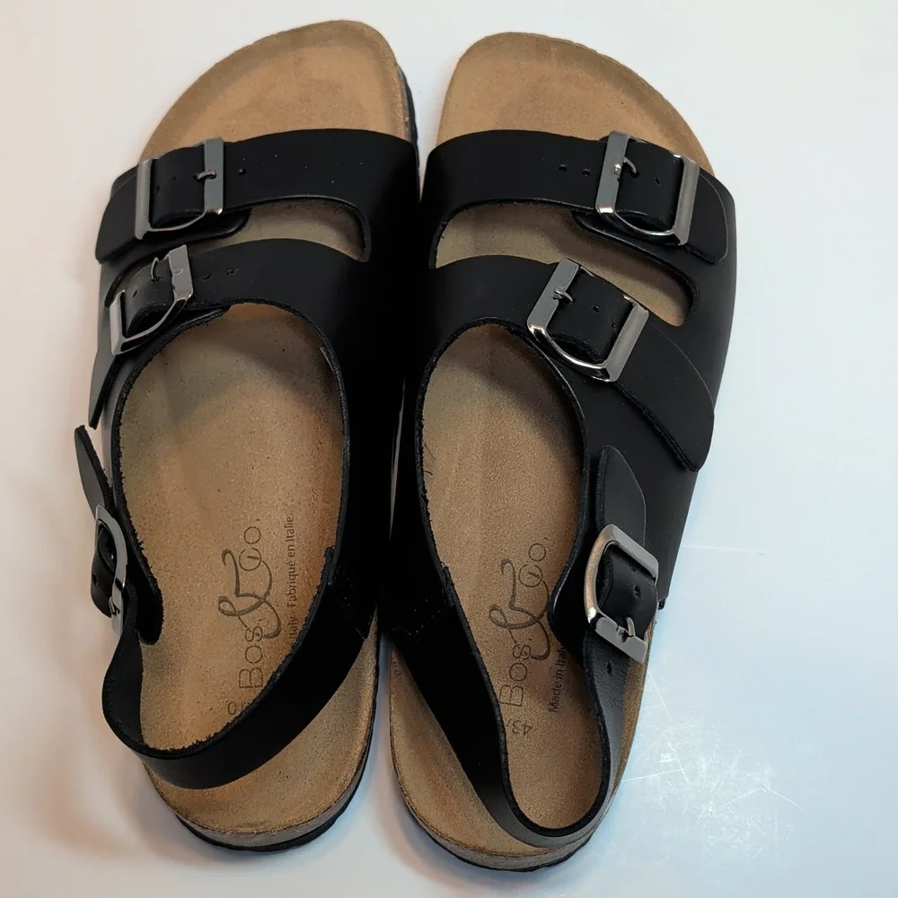 Bos. & Co. Men's Black Leather Sandals With Adjustable Buckle Straps Size 10